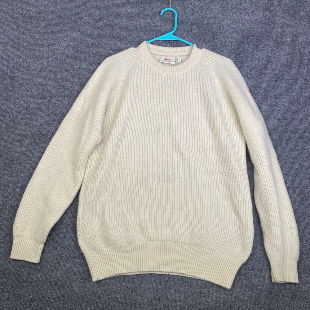Fjallraven Ovik Rib Sweater Mens Medium Cream White Wool Knit Made in Italy